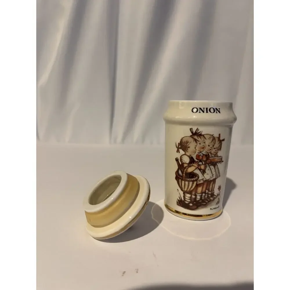 Vintage M.J. Hummel Onion & Garlic Porcelain Spice Jars Gold Trim Set of 2